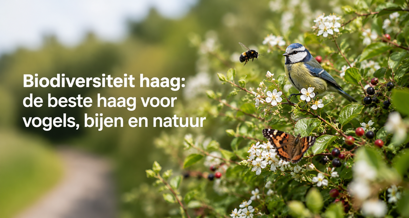Biodiversiteitshaag met bloeiende meidoorn, vogels, bijen en vlinders in een natuurlijke Nederlandse tuin