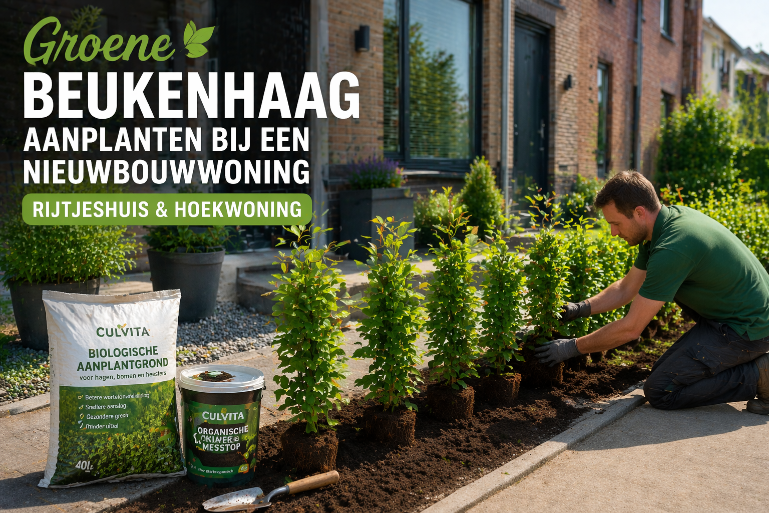 Beukenhaag aanplanten bij nieuwbouwwoning rijtjeshuis en hoekwoning met groene beukenhaag in pot