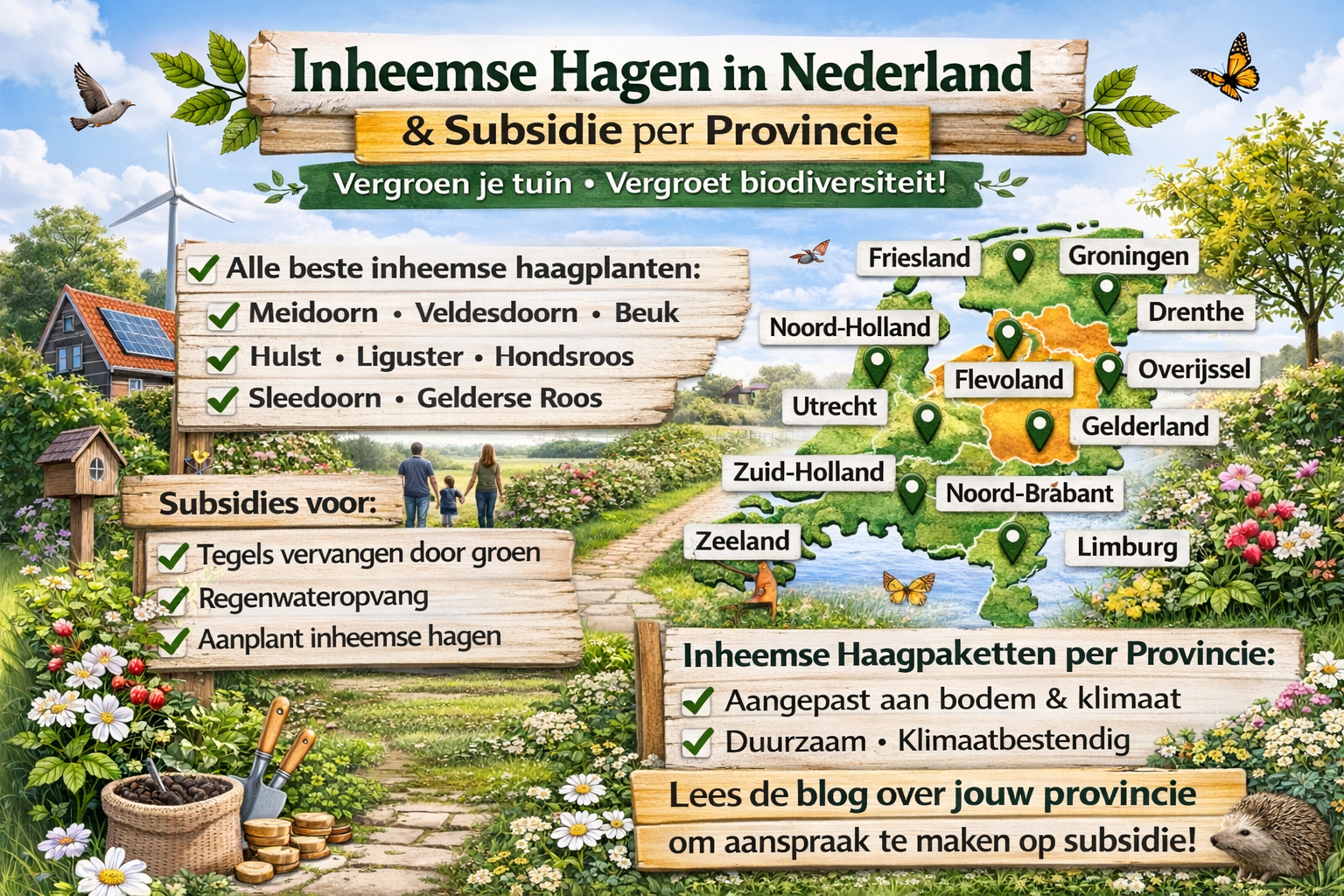 Infographic over inheemse hagen in Nederland met overzicht van populaire haagplanten en subsidie per provincie