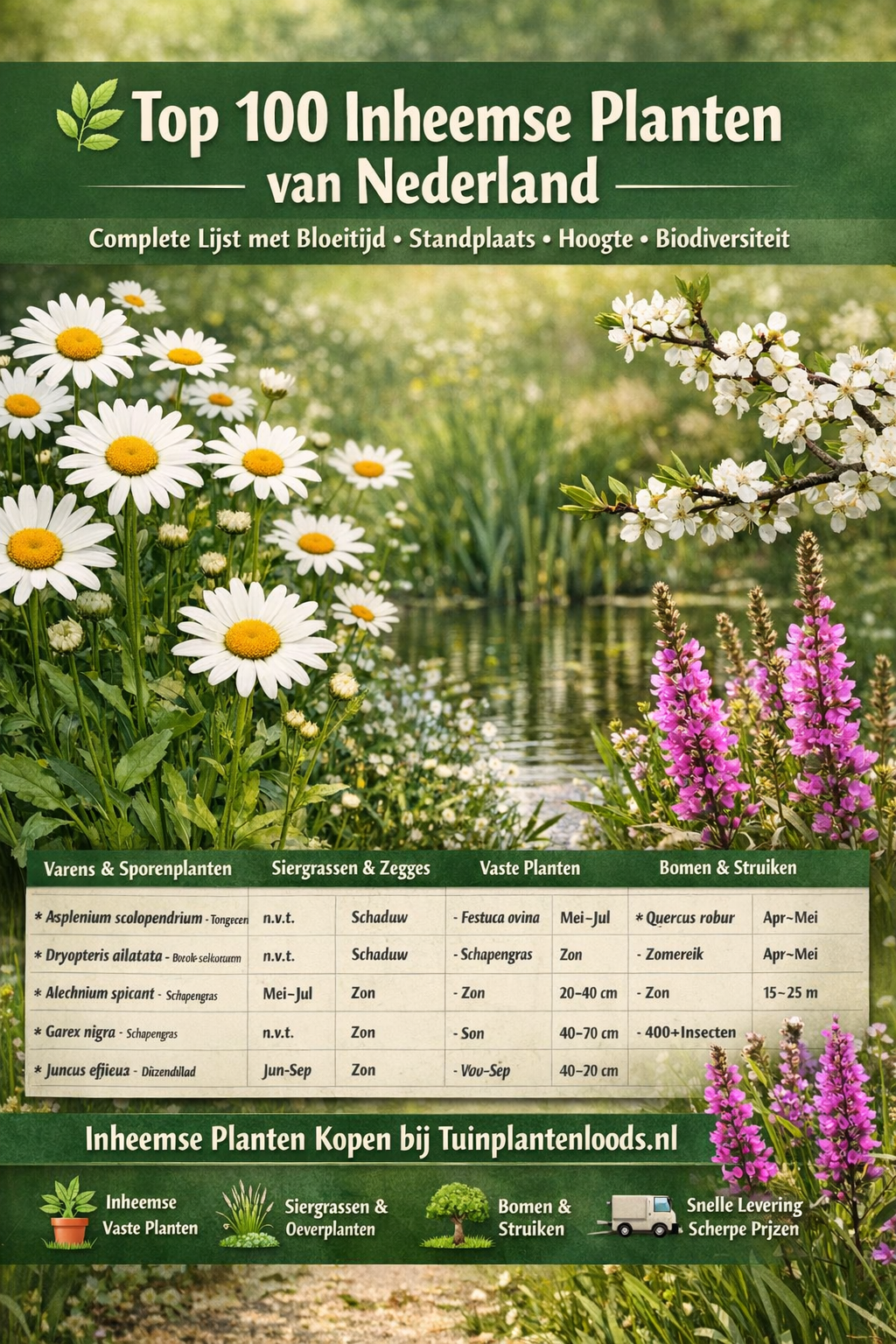 Top 100 inheemse planten van Nederland met bloeiende margrieten, kattenstaart en bloesemtak bij vijver – biodiversiteitstuin Tuinplantenloods