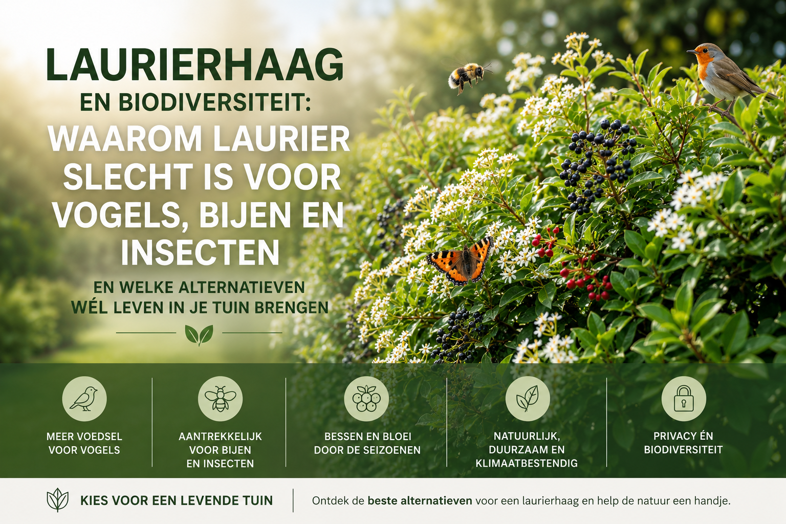 Laurierhaag en biodiversiteit met vogelvriendelijke wintergroene alternatieven voor vogels, bijen en insecten