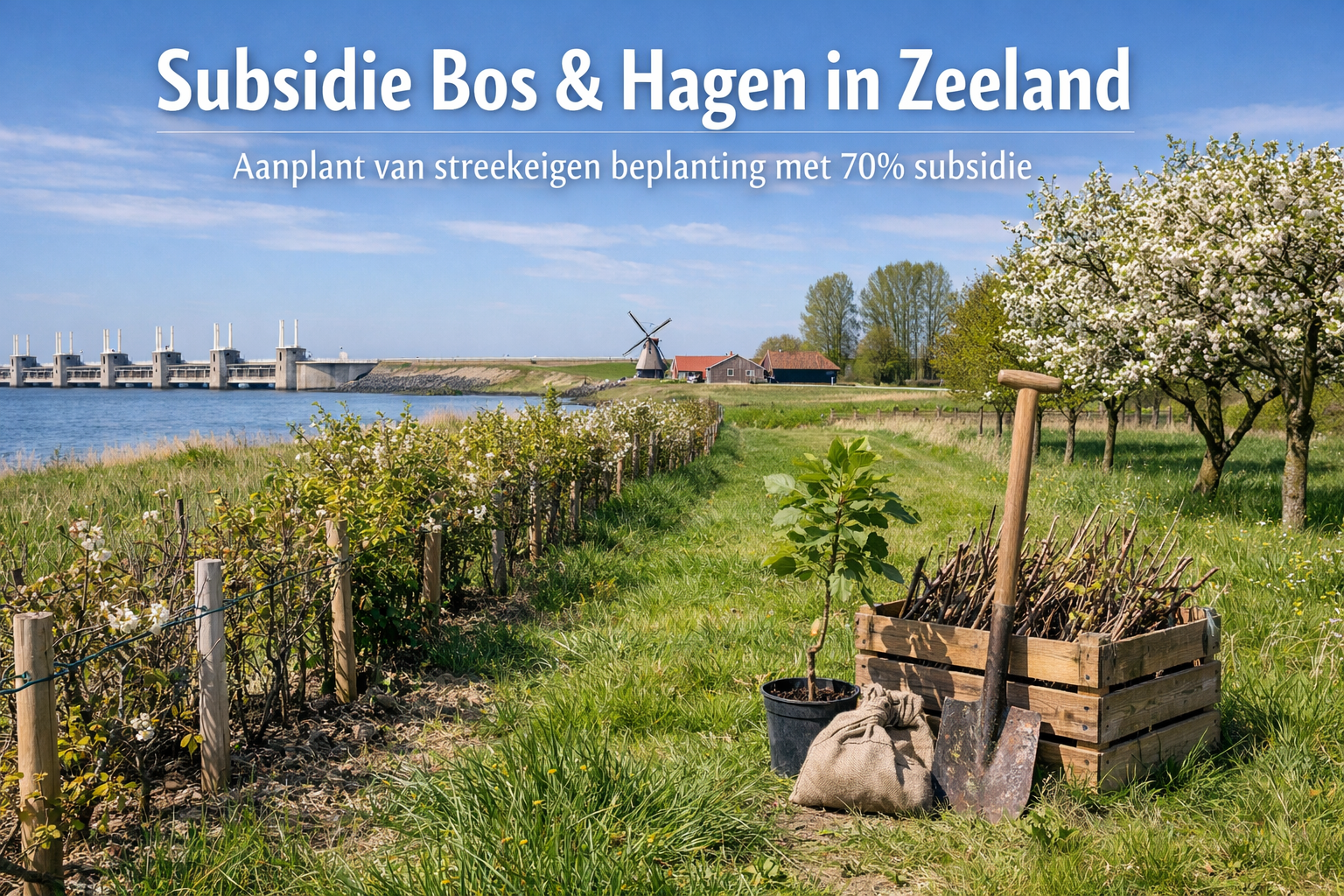 Subsidie Bos en Hagen in Zeeland – aanplant van streekeigen struweelhaag met hoogstamfruit en de Oosterscheldekering op de achtergrond