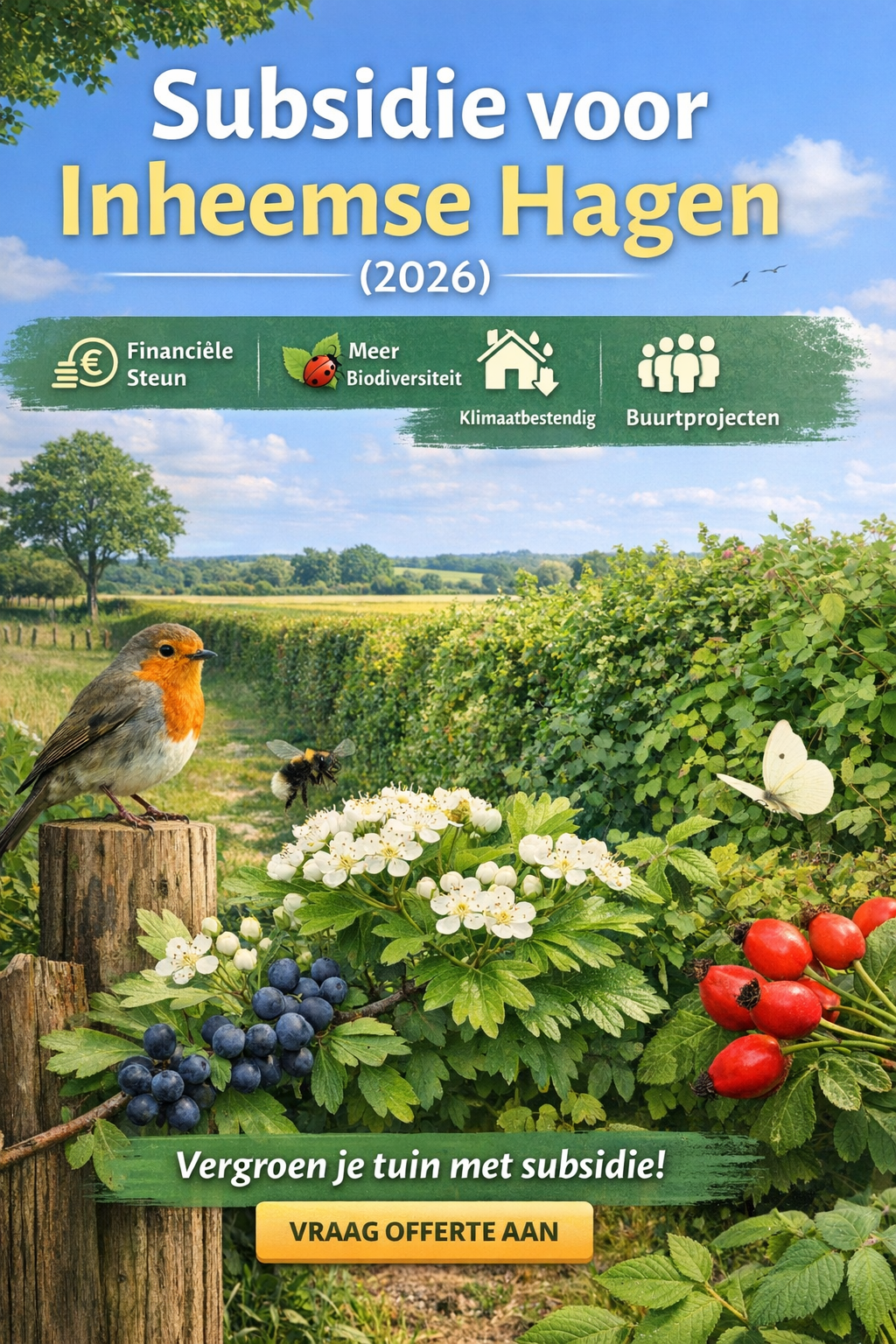 Inheemse haag met meidoornbloesem, bessen, vogel en vlinder in landelijke tuin – subsidie voor het aanplanten van inheemse hagen in Nederland.