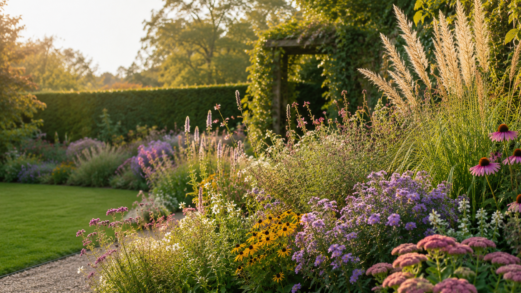 Bloeiende tuin in september met vaste planten, siergrassen en najaarsbloeiers