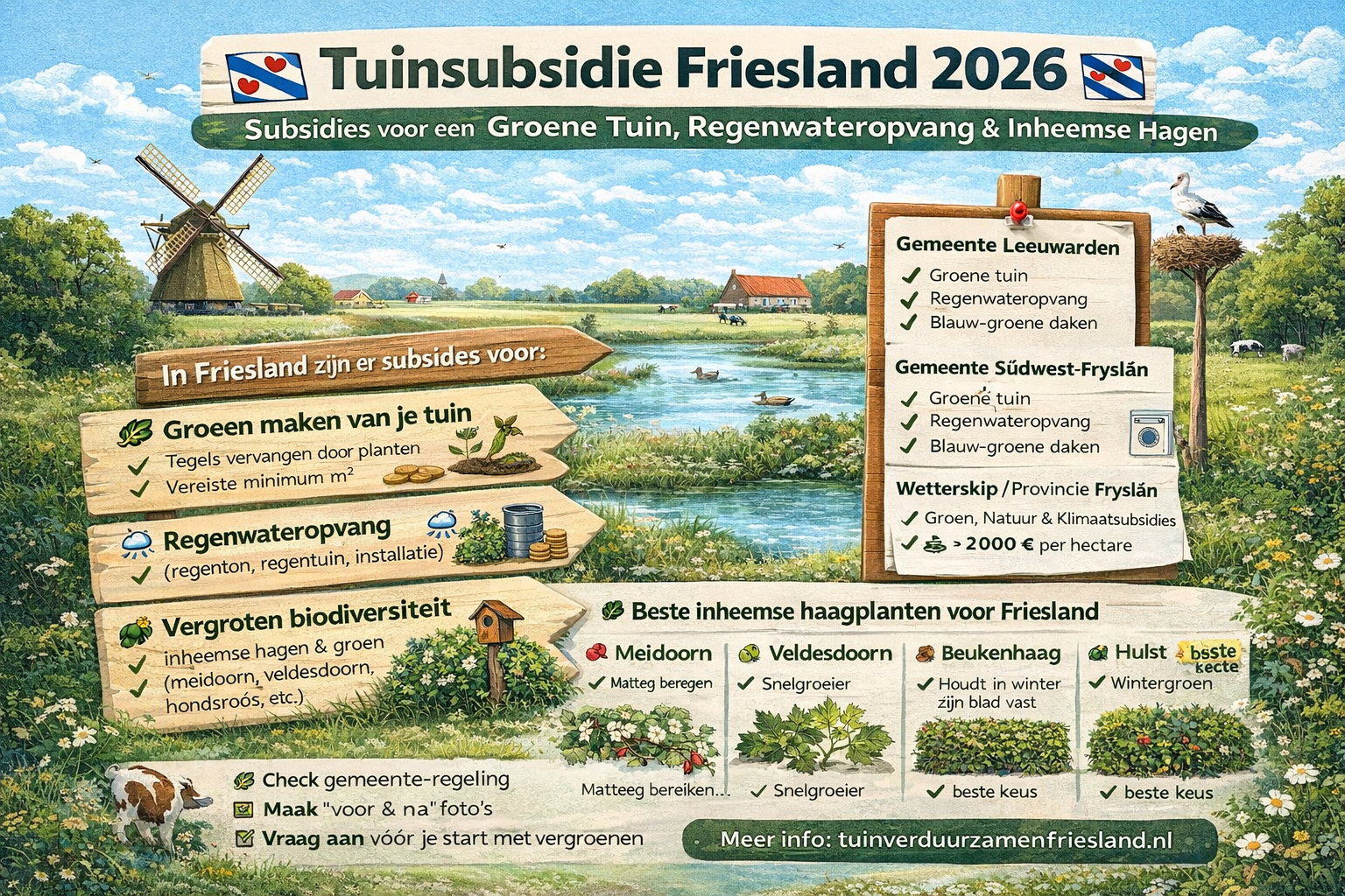 Infographic tuinsubsidie Friesland 2026 voor groene tuin en inheemse hagen.