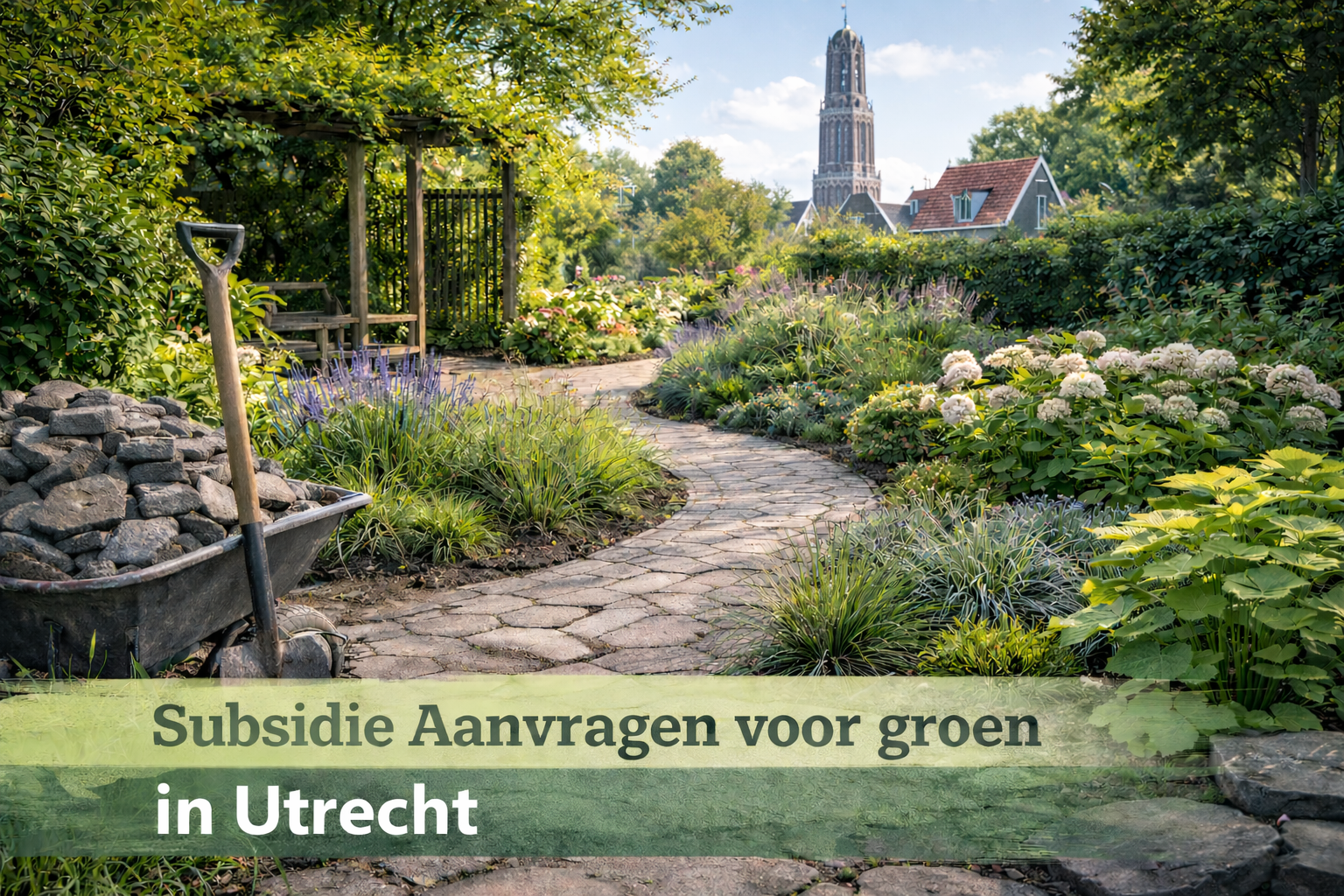 Tuinvergroening in Utrecht met subsidie – groene tuin met vaste planten en de Domtoren op de achtergrond