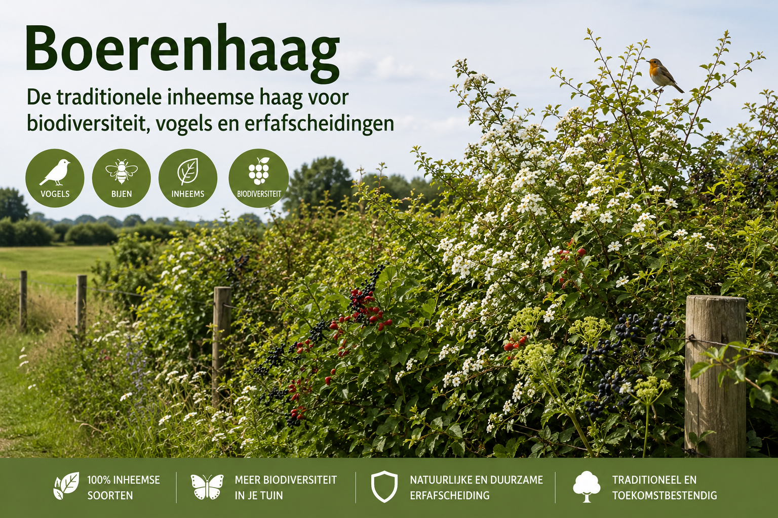 Traditionele boerenhaag met meidoorn, sleedoorn en andere inheemse haagsoorten voor biodiversiteit, vogels en bestuivers