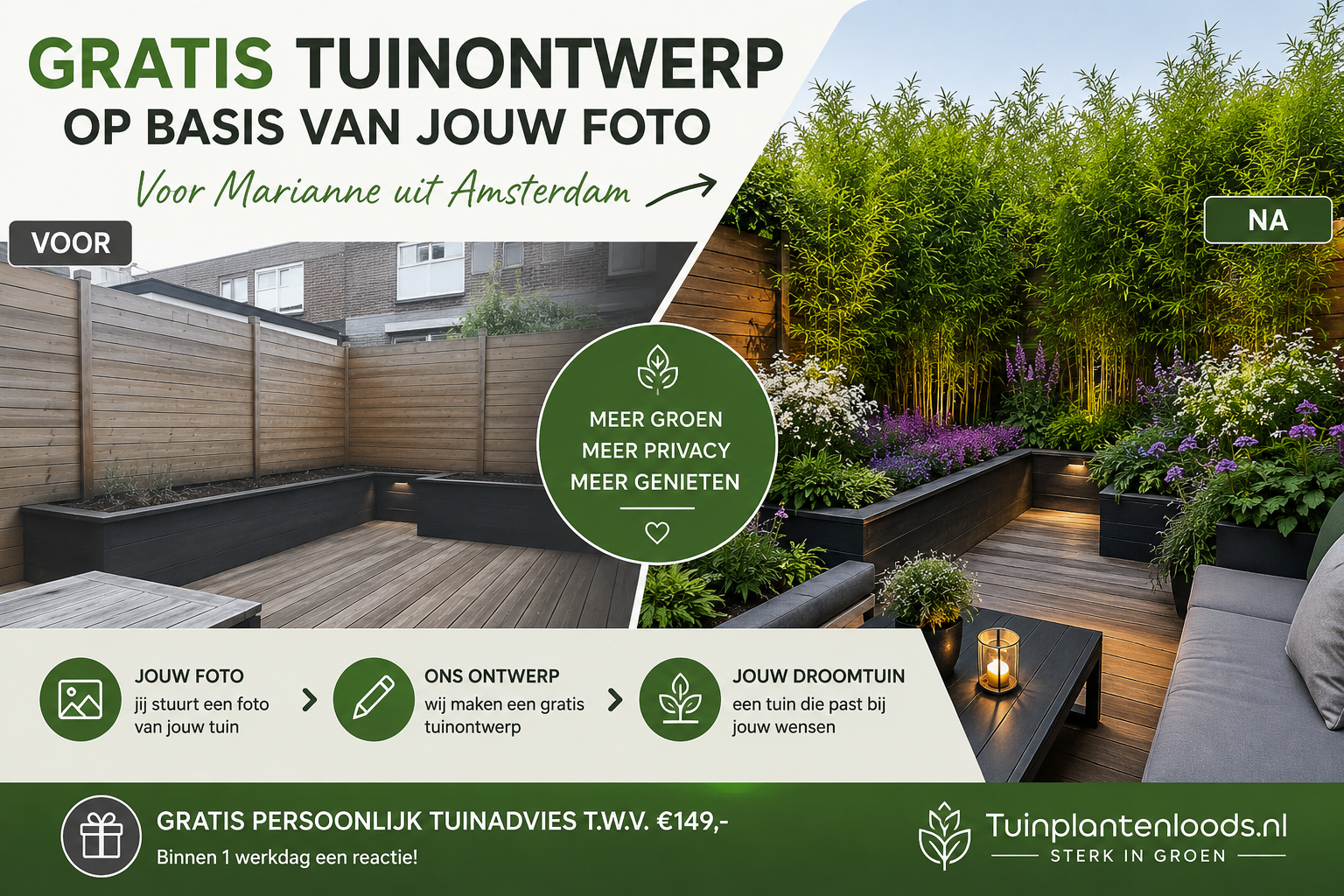 Gratis tuinontwerp voor Marianne uit Amsterdam met voor en na tuinvisualisatie, bamboe, verhoogde plantenbakken en moderne stadstuin inspiratie