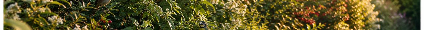 Vogelvriendelijke gemengde haag met bloemen, vogels en biodiversiteit in natuurlijke tuin