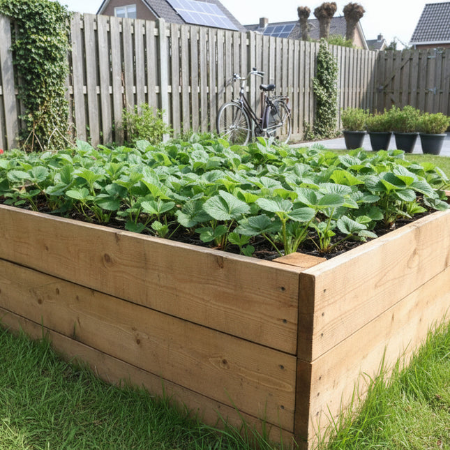 aardbeienplant elsanta in moestuinbak tuinplantenloods
