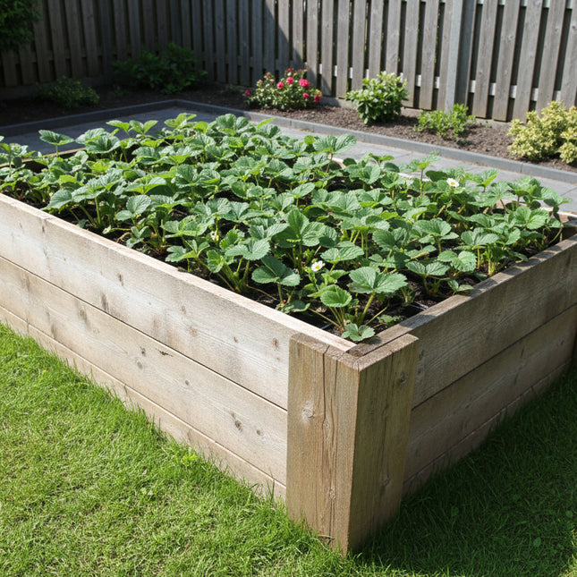 Aardbeien planten Korona in houten moestuinbak in achtertuin