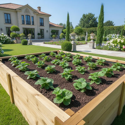 Aardbeienplanten Lambada in luxe tuin met villa in moestuinbak
