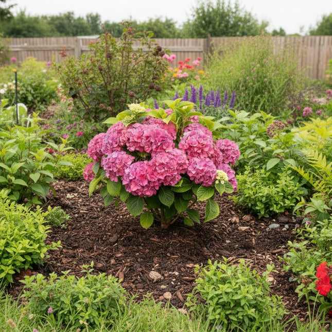 Hydrangea macrophylla 'Colour Your Table'® Lila geplant in een border, met ronde lila bloemtrossen boven groene bladeren, als kleurrijke blikvanger in de tuin.