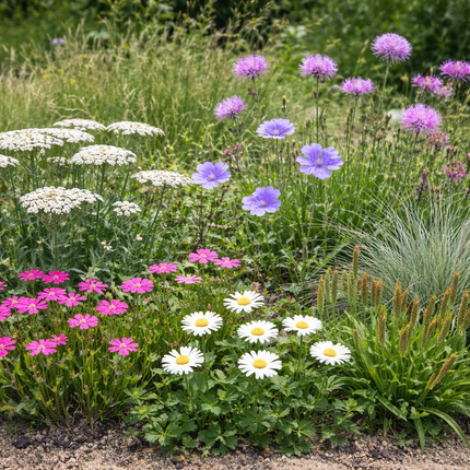 Inheems vaste plantenpakket voor zandgrond 5m2 met duizendblad, knoopkruid, beemdkroon en siergrassen in bloeiende zomerborder