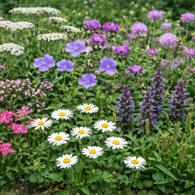Inheems zomerpakket 5m2 met duizendblad, knoopkruid, beemdooievaarsbek en margriet in bloeiende border