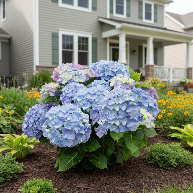Hydrangea macrophylla 'Blue Ballad' geplant in de border voor het huis, met ronde blauwe bloemtrossen en donkergroene bladeren, als sfeervolle en kleurrijke tuinplant.