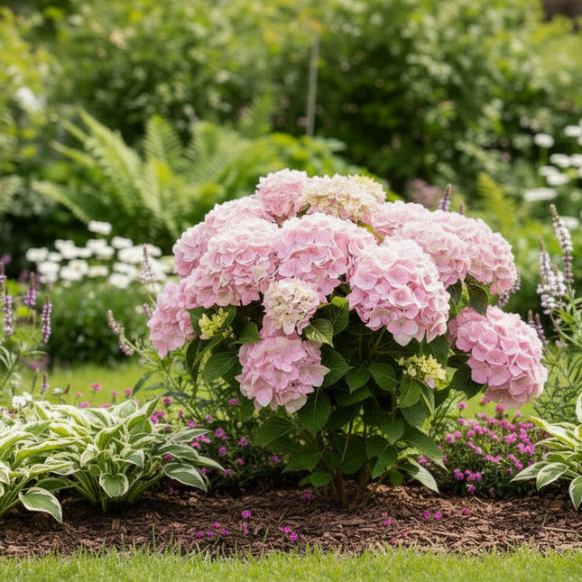 Hydrangea macrophylla 'Soft Pink Salsa' geplant in een border, met weelderige zachtroze bloemtrossen boven groene bladeren, omringd door andere tuinplanten.