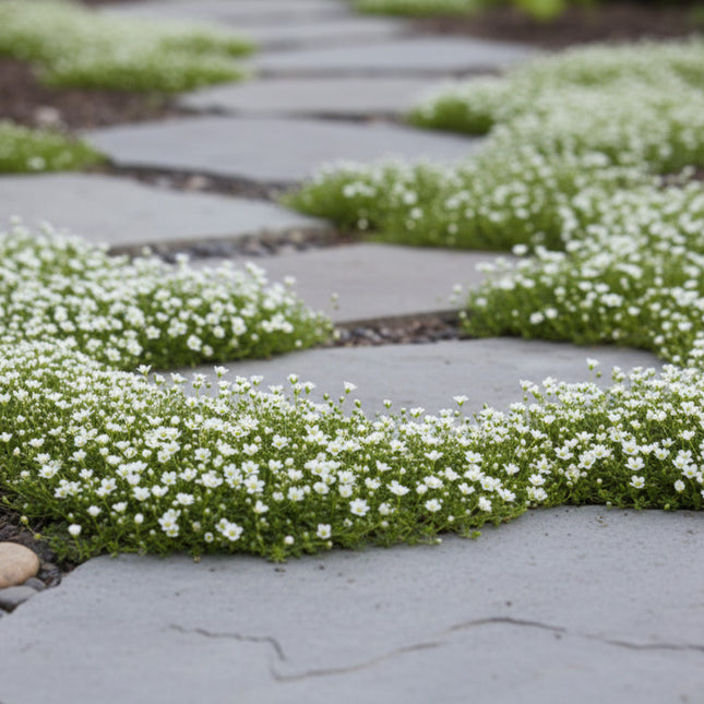 sagina subulata bodembedekker tussen staptegels in de tuin