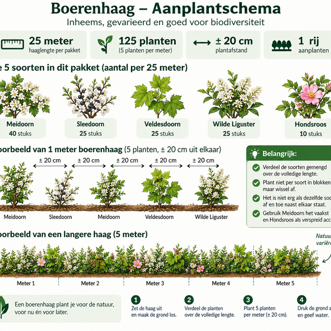 Aanplantschema boerenhaag met 5 inheemse soorten en 5 planten per strekkende meter