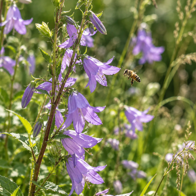 Campanula rapunculoides (Akkerklokje) – inheemse vaste plant met paarse klokbloemen en bij
