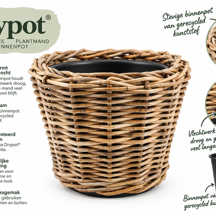 Gepatenteerde Drypot plantenmand met stevige binnenpot van gerecycled kunststof die het vlechtwerk beschermt tegen vocht.
