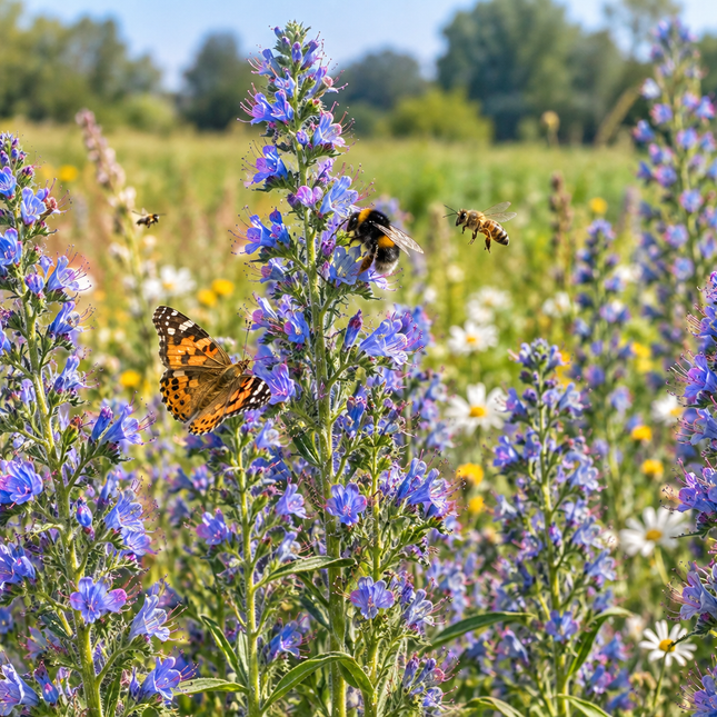 Echium vulgare (Slangenkruid) – inheemse plant met blauwe bloemen bezocht door bijen, hommels en vlinders