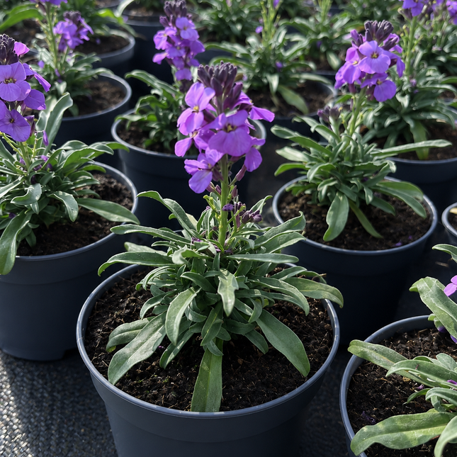 Erysimum Bowles's Mauve muurbloem met paarse bloemen in P13 pot