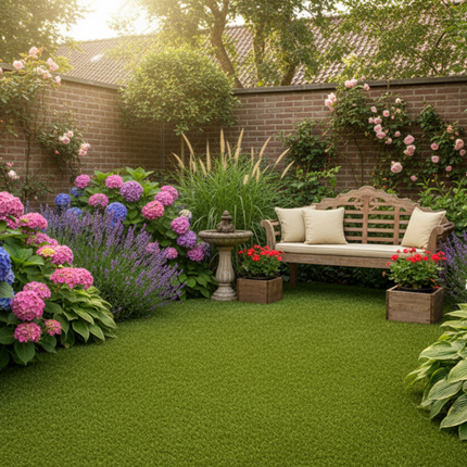 Kunstgras tuin met Echinacea zonnehoed in bloeiende border
