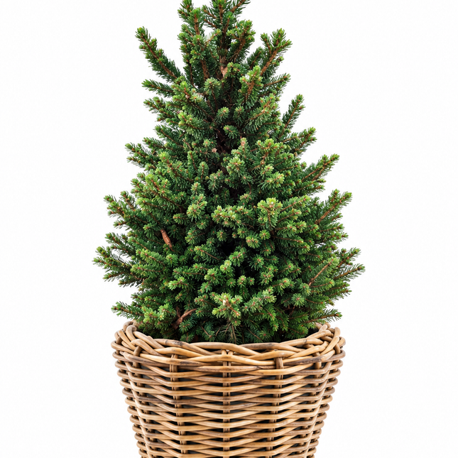 Picea abies Wills Zwerg kerstboom in natuurlijke Drypot rieten mand, gefotografeerd tegen een witte achtergrond.