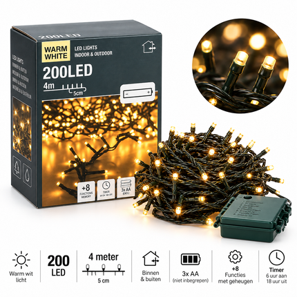 Warmwitte kerstverlichting met 200 LED-lampjes, batterijhouder, timer en acht lichtfuncties, geschikt voor binnen en buiten.