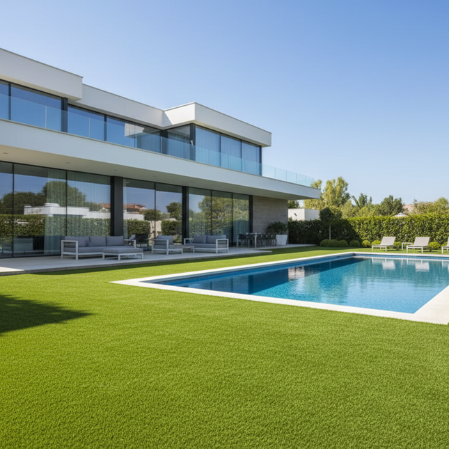 Luxe villatuin met zwembad en Kunstgras Select 34 50 mm premium siergazon
