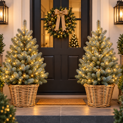 Luxe kerstbomenset voor de voordeur met 2 blauwzilveren Picea pungens 'Super Blue' kerstbomen van 100–125 cm, warmwitte LED-verlichting en rieten Drypot manden.
