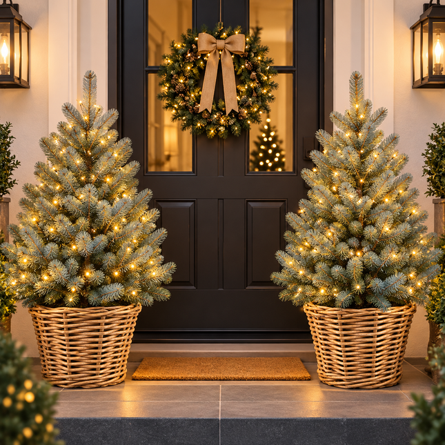 Luxe kerstbomenset voor de voordeur met 2 blauwzilveren Picea pungens 'Super Blue' kerstbomen van 100–125 cm, warmwitte LED-verlichting en rieten Drypot manden.