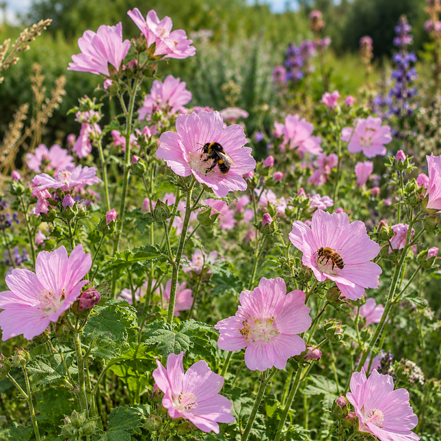 Malva moschata (Muskuskaasjeskruid) – inheemse vaste plant met roze bloemen bezocht door bijen en hommels