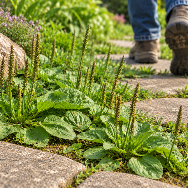 Plantago major Grote weegbree als inheemse bodembedekker waar je op kunt lopen