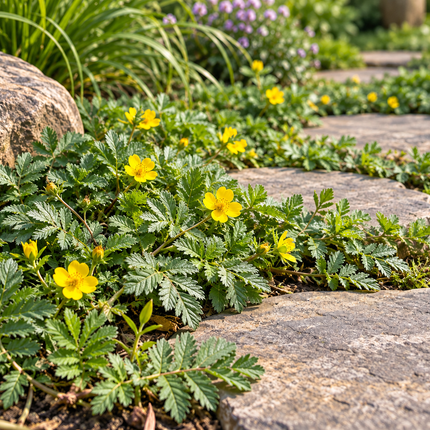 Potentilla anserina Zilverschoon als inheemse bodembedekker tussen stapstenen