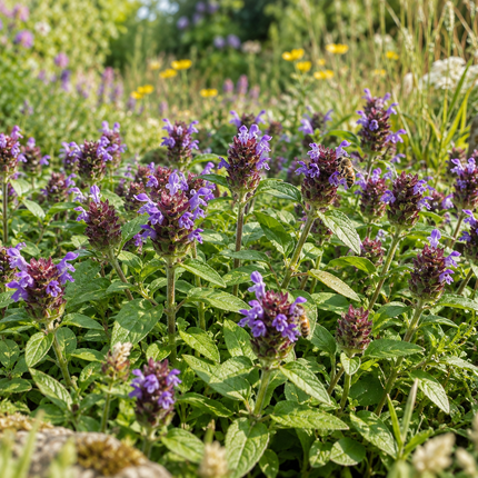 Prunella vulgaris (Gewone brunel) – inheemse bodembedekker met paarse bloemen bezocht door bijen