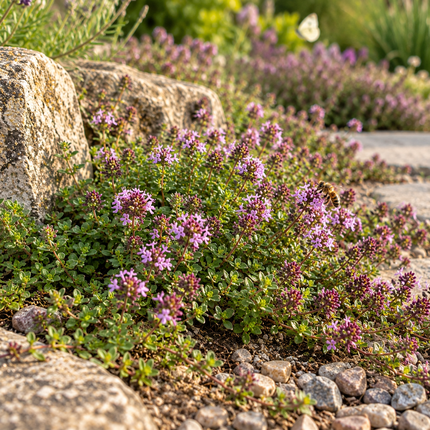 Thymus pulegioides Grote tijm als inheemse bodembedekker tussen stapstenen