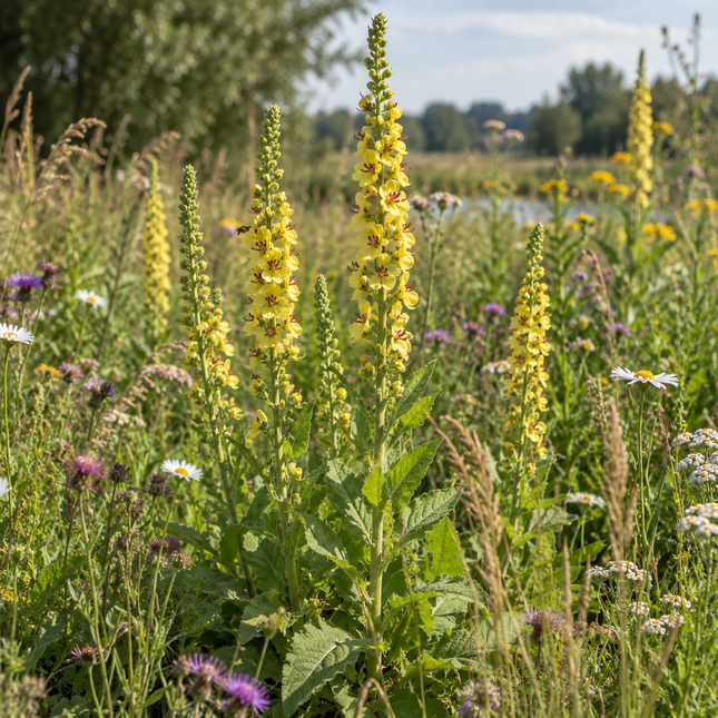 Verbascum nigrum zwarte toorts tussen inheemse planten in een natuurlijke biodiversiteitstuin