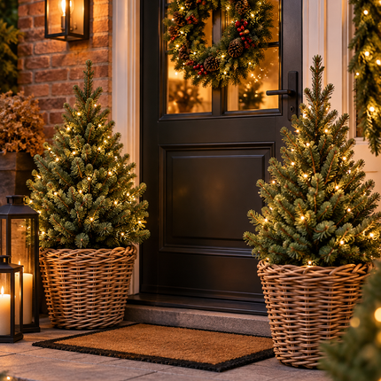 Voordeurset Kerst – 2 Kerstbomen Picea abies 'Will's Zwerg' incl. Manden & Verlichting
