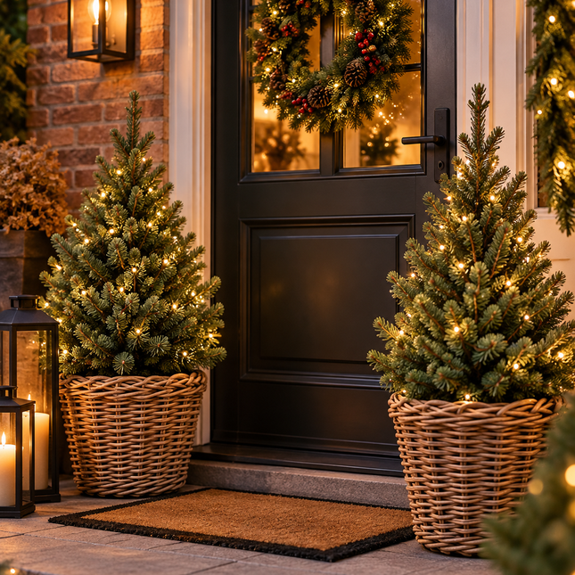 Voordeurset Kerst – 2 Kerstbomen Picea abies 'Will's Zwerg' incl. Manden & Verlichting