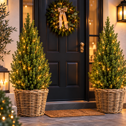 Voordeurset Kerst – 2 Kerstbomen Picea Perfecta 100–125 cm incl. Manden & LED Verlichting