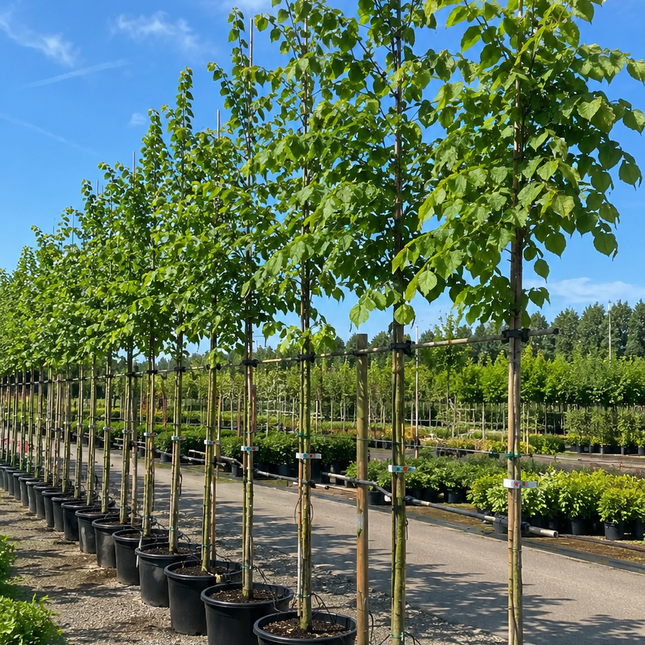 Rij met Winterlinde bomen (Tilia cordata) in pot op een boomkwekerij met jonge inheemse laanbomen voor biodiversiteit en natuurlijke tuinen.
